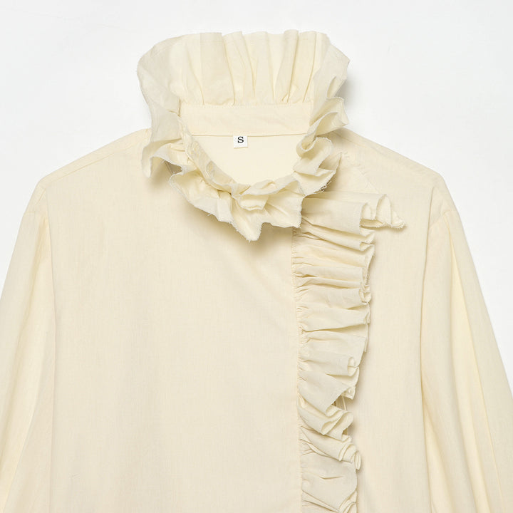 Damen nan Rüschenbluse mit hohem Stehkragen, asymmetrischer Rüschenvorderleiste und voluminösen Stufensäumen Drune