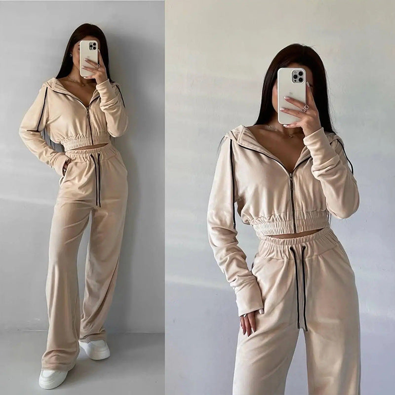 Damen Samt-Loungewear-Set mit Cropped Zip-Kapuzenjacke und weiter Palazzohose Drune
