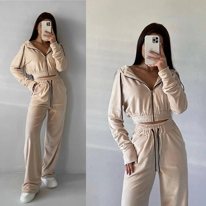 Damen Samt-Loungewear-Set mit Cropped Zip-Kapuzenjacke und weiter Palazzohose Drune