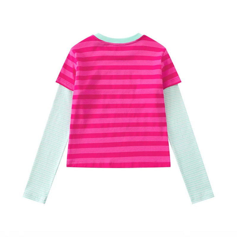 Damen Lagen-Langarmshirt im Layer-Look mit kontrastierenden Streifenärmeln und typografischem Print Drune