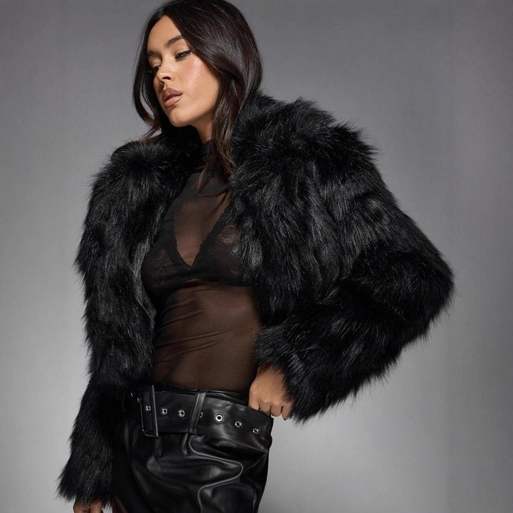 Damen Modische Kurzjacke mit glamourösem Kunstfell Drune