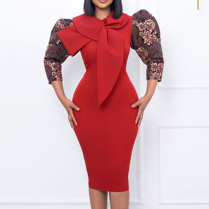 Damen elegantes Kleid mit Statement-Kragen und floralem Ärmel Drune