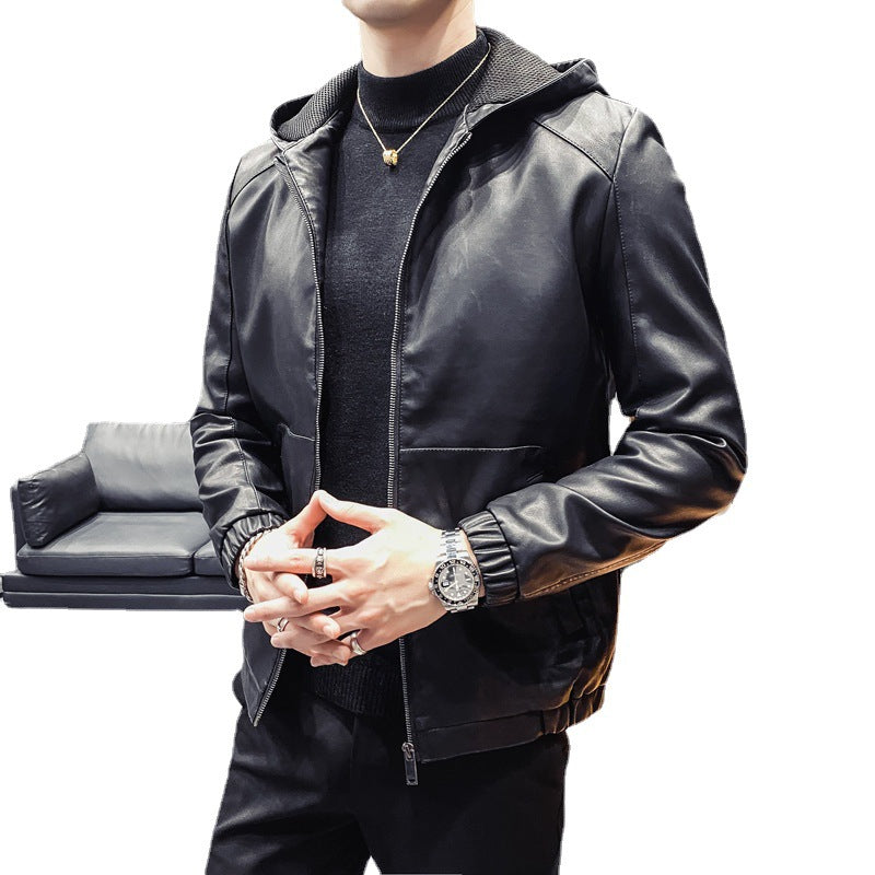 Herren Kapuzen-Lederimitatjacke im Slim‑Fit mit Reißverschluss und Raglanärmeln Drune