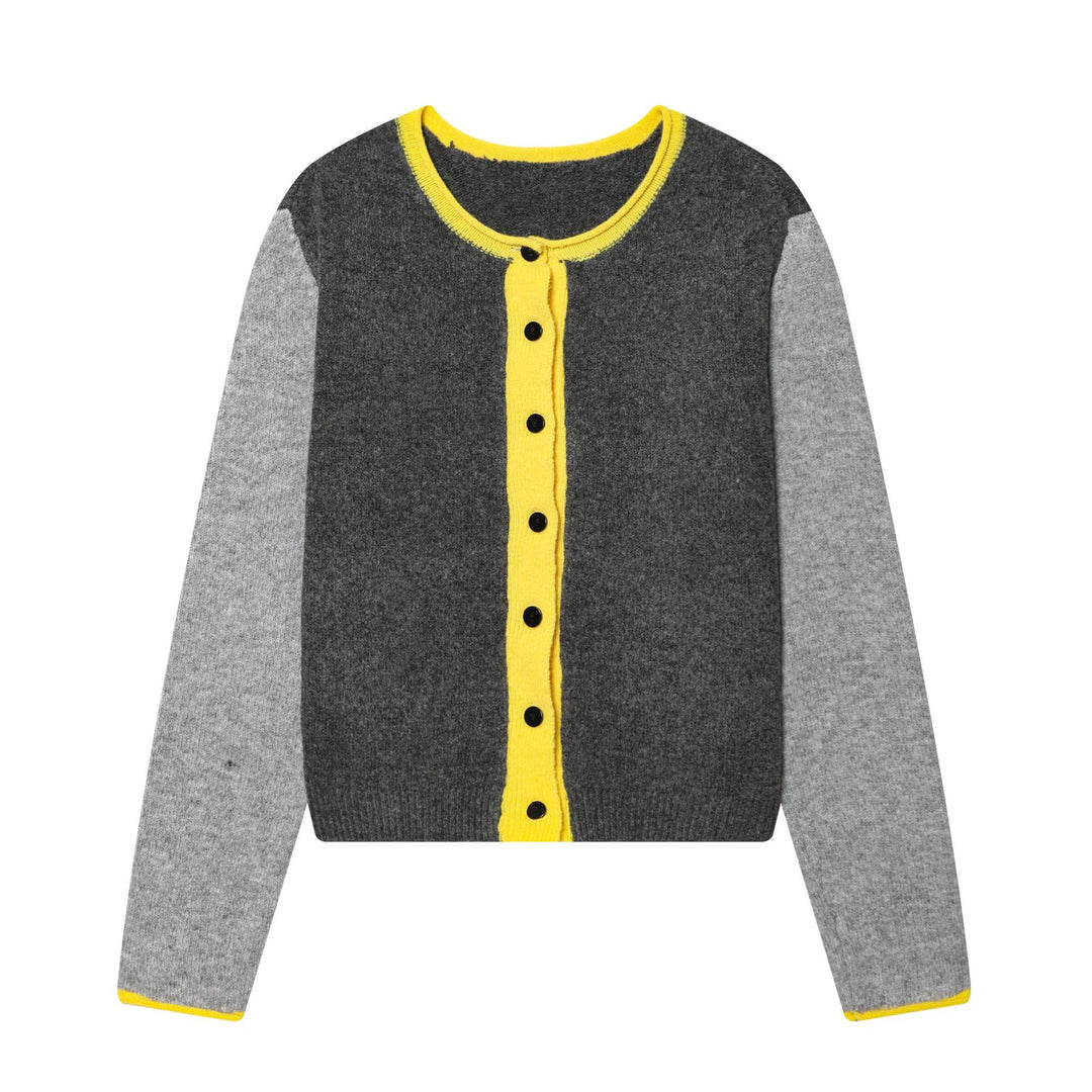 Damen nan kurze zweifarbige Wollcardigan mit kontrastierter Knopfleiste geripptem Saum und Hornknöpfen Drune