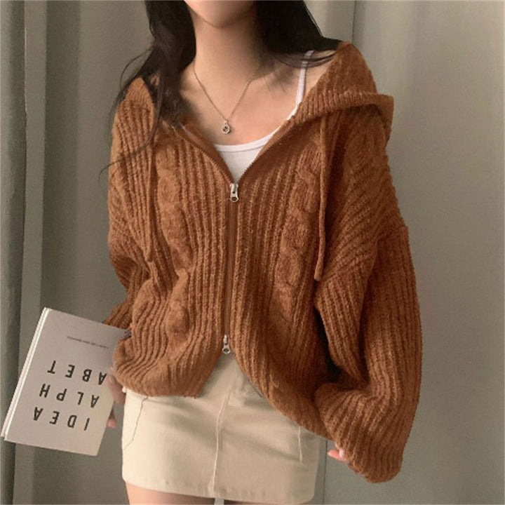 Damen Strickjacke mit Kapuze und dekorativen Zopfstricken Drune