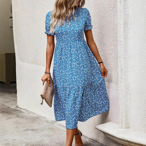 Damen nan ausgestelltes Midikleid mit hohem Rundhalsausschnitt, Puffärmeln, geraffter Empire-Taille und Stufensaum Drune