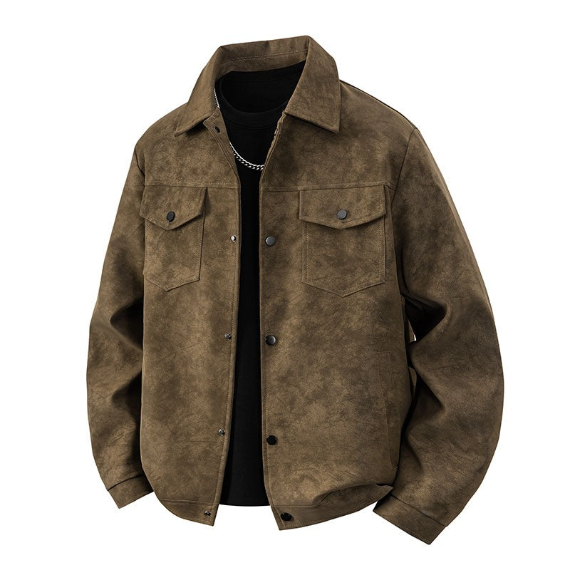 Herren Overshirt‑Jacke im Veloursleder‑Look mit Pattentaschen & Druckknopffront Drune