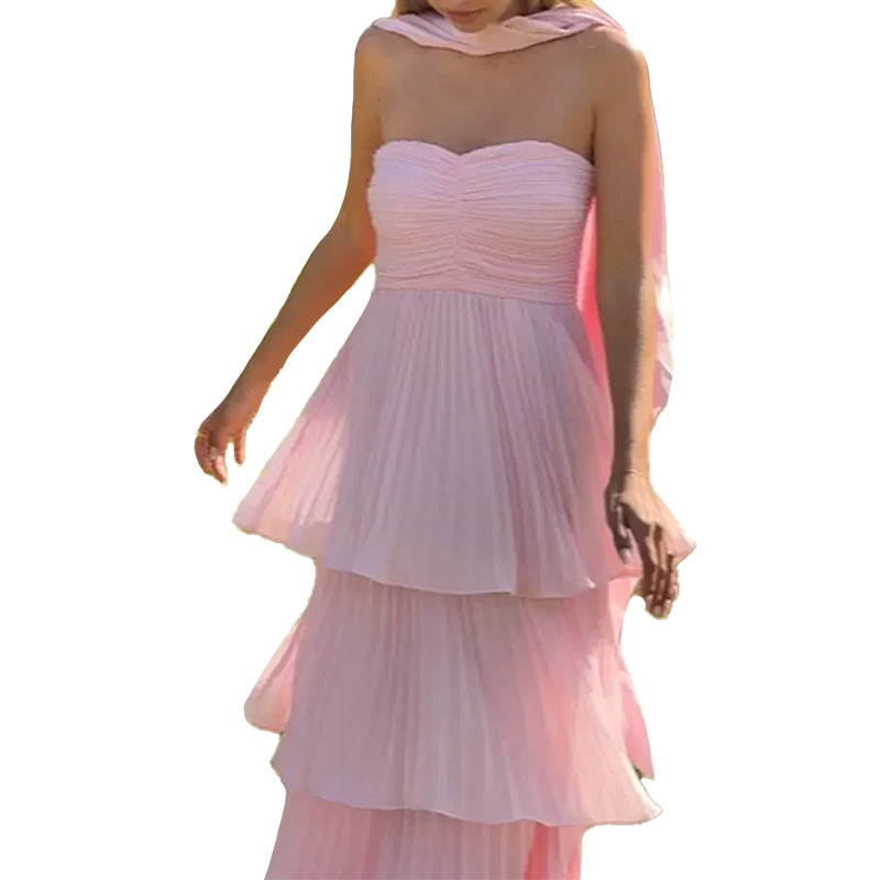 Damen Bodenlanges Rüschen-Maxikleid mit schulterfreiem Schnitt und fließendem Material Drune