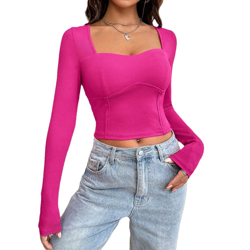Damen Cropped Langarmshirt mit quadratischem Ausschnitt und raffinierter Rippstruktur Drune