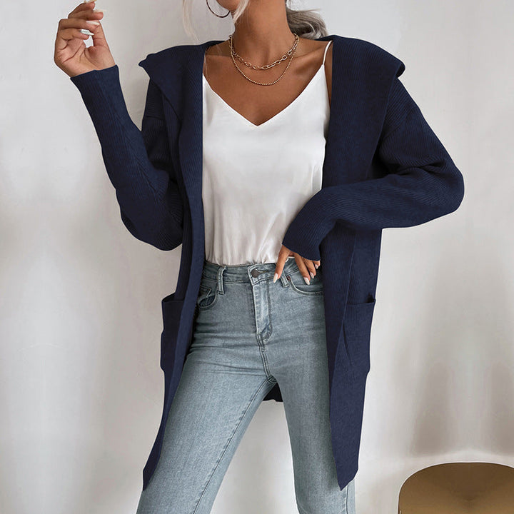 Damen Langärmlige Strickjacke mit Kapuze und seitlichen Taschen Drune