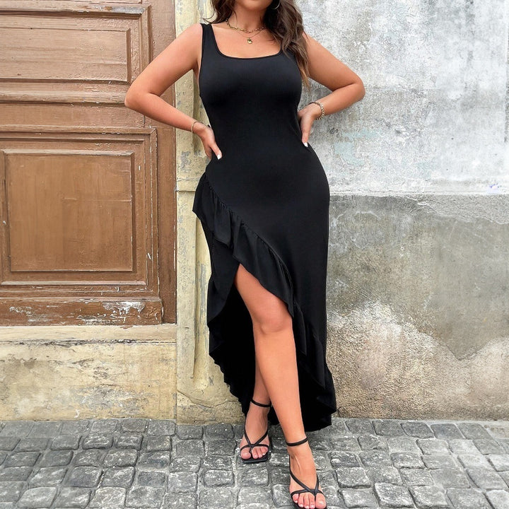 Damen elegantes Maxikleid mit asymmetrischem Saum und Rüschendetails Drune
