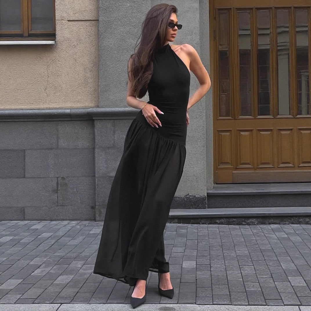 Damen Maxi-Kleid mit elegantem Stehkragen und fließendem Rock Drune