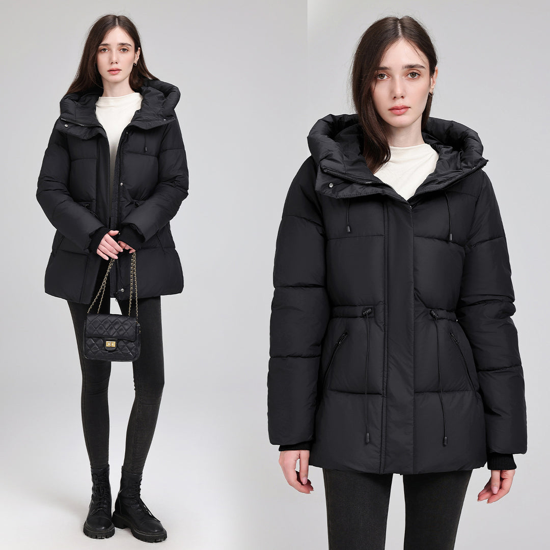 Damen Wattierter Mid‑Length Parka mit Kapuze, Taillenzug und Reißverschlusstaschen Drune