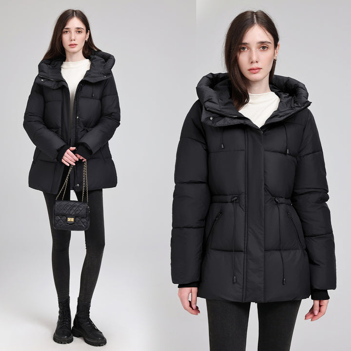 Damen Wattierter Mid‑Length Parka mit Kapuze, Taillenzug und Reißverschlusstaschen Drune