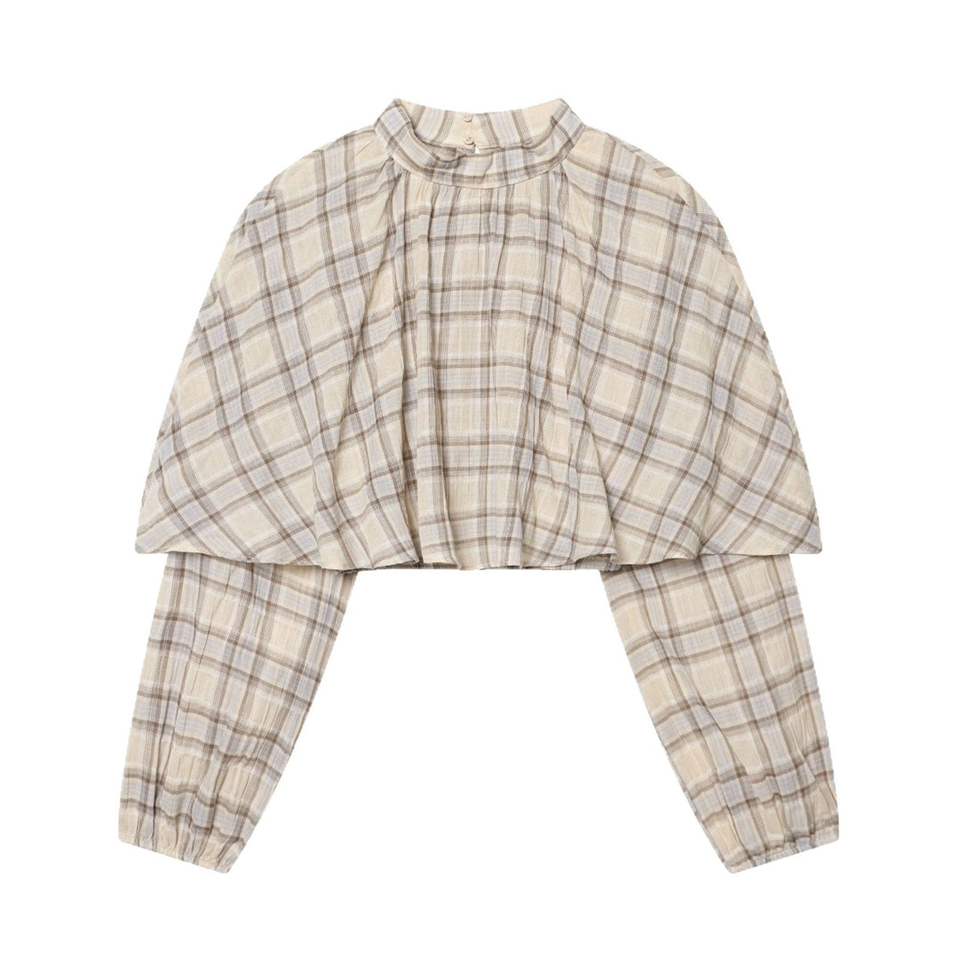Damen Karierte Bluse mit Stehkragen, gerafftem Yoke und voluminösen Raglanärmeln Drune