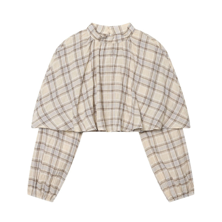 Damen Karierte Bluse mit Stehkragen, gerafftem Yoke und voluminösen Raglanärmeln Drune