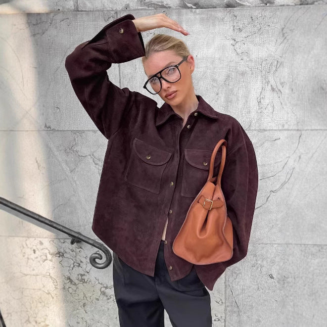 Damen Modische Suede Oversized Hemdjacke mit praktischen Taschen Drune