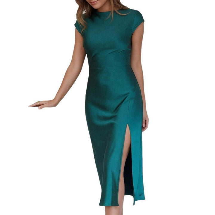 Damen Elegantes Midi-Kleid mit schickem Stehkragen und fließendem Satin Drune
