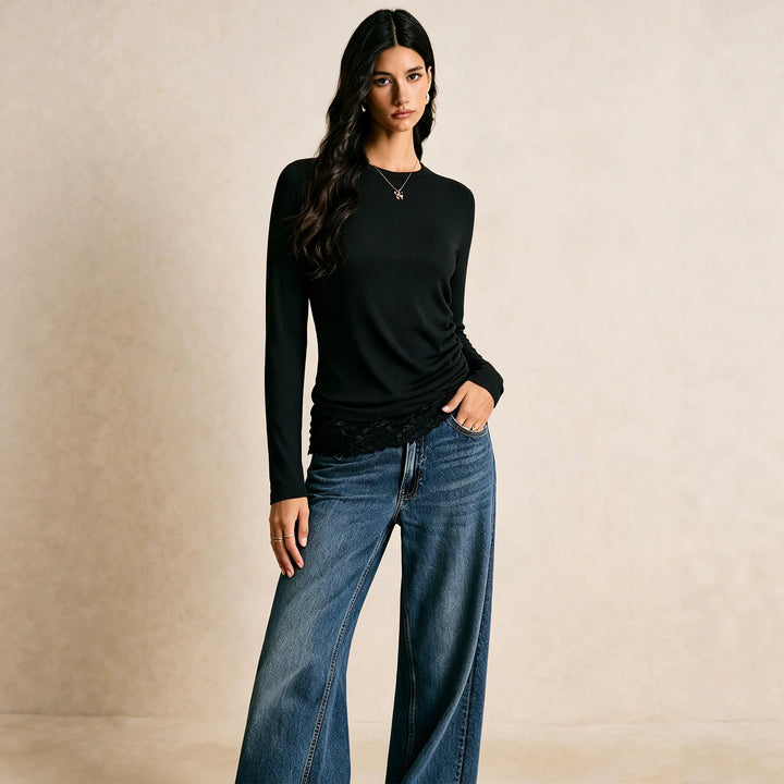 Damen figurbetontes geripptes Langarmshirt mit seitlicher Raffung und Spitzen-Saum Drune