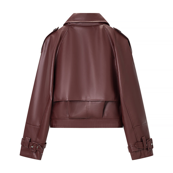 Damen Kurz geschnittene Bikerjacke aus Lederoptik mit asymmetrischer Reversklappe und Taillenriegel Drune