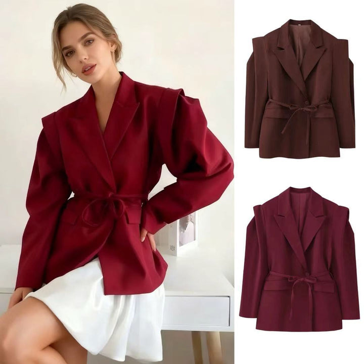 Damen elegante Blazerjacke mit tailliertem Schnitt und Bindegürtel Drune
