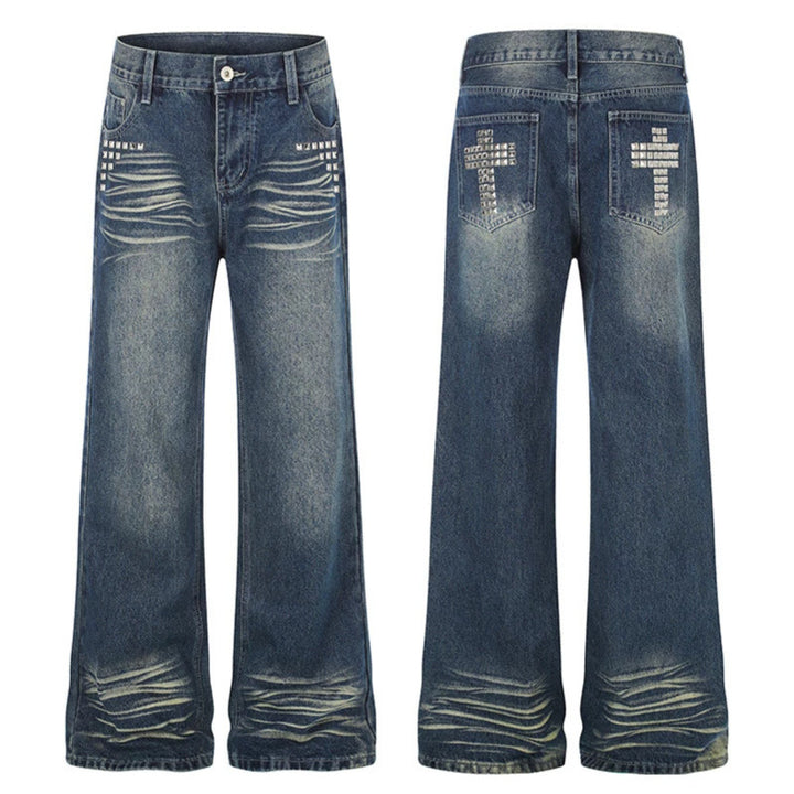 Damen Weite High‑Waist Distressed-Jeans im Palazzo-Stil mit Nietenbesatz Drune