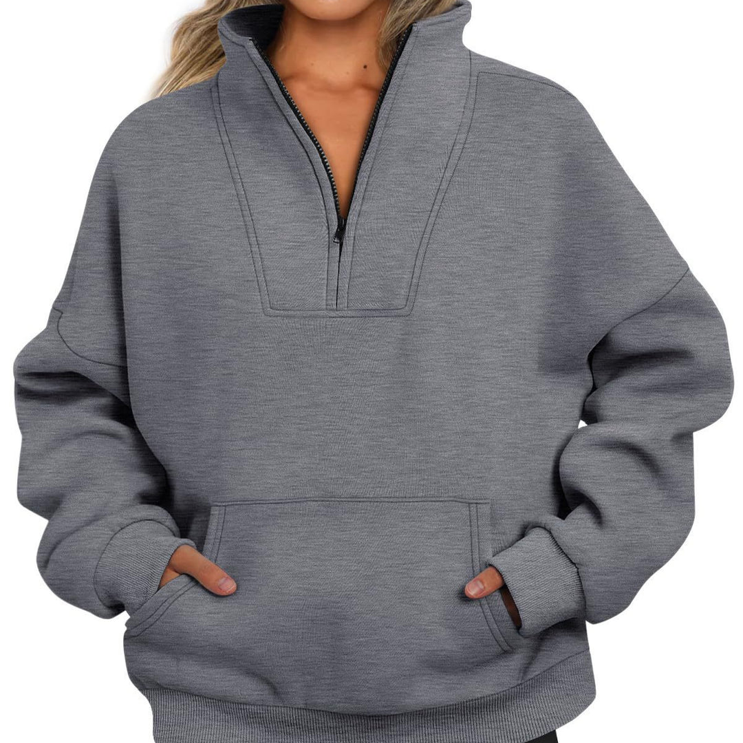 Damen nan oversized Halbzip-Hoodie mit hohem Stehkragen, Kängurutasche und gerippten Bündchen Drune