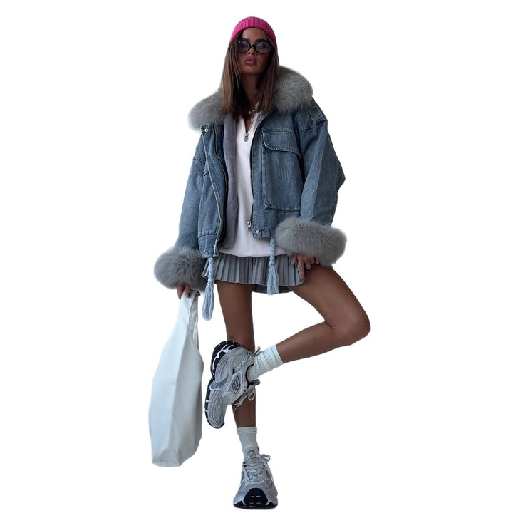 Damen Trendige Jeansjacke mit hohem Kragen und weitem Schnitt Drune