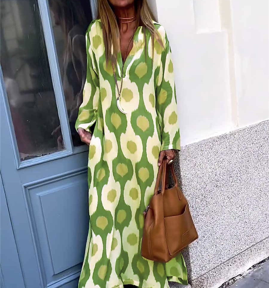Damen Langes Boho-Maxikleid mit V-Ausschnitt, lockerem Schnitt und auffälligem Allover-Print Drune
