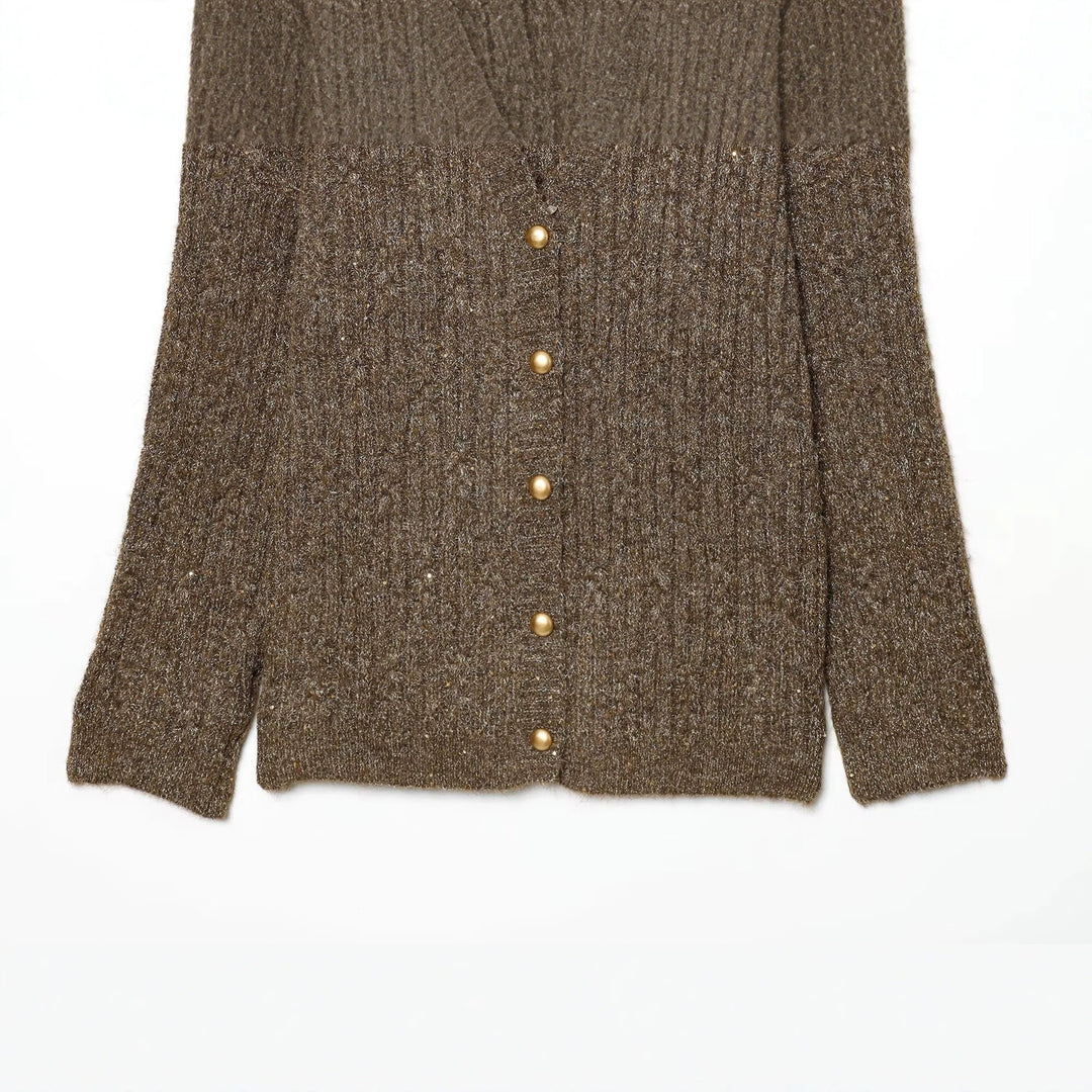 Damen Grobgestrickter Rippencardigan mit goldfarbenen Knöpfen und V-Ausschnitt Drune