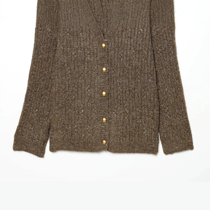 Damen Grobgestrickter Rippencardigan mit goldfarbenen Knöpfen und V-Ausschnitt Drune