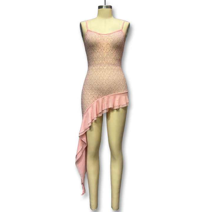 Damen Elegantes Hochgeschlossenes Strandkleid aus durchsichtigem Netzmaterial mit asymmetrischem Saum Drune