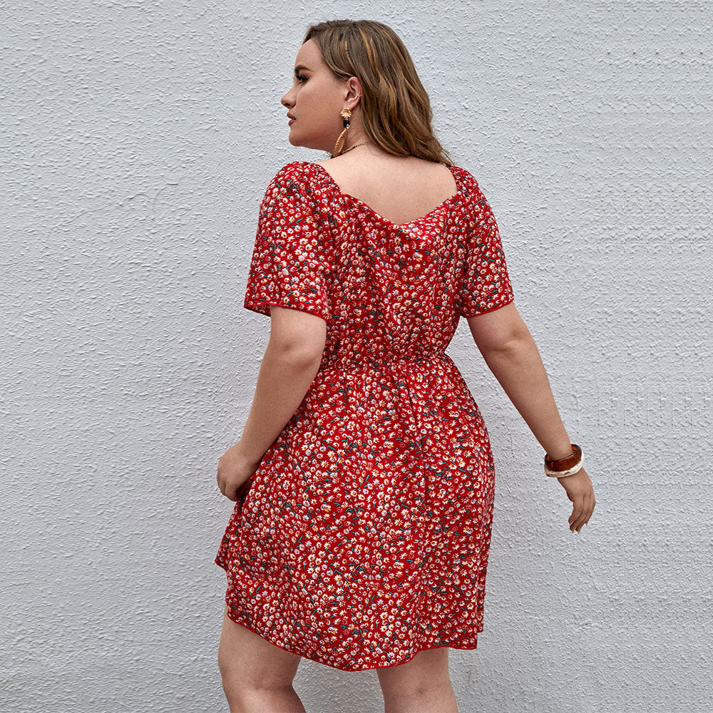 Damen Blütensommerkleid mit V-Ausschnitt und lockeren Ärmeln Drune
