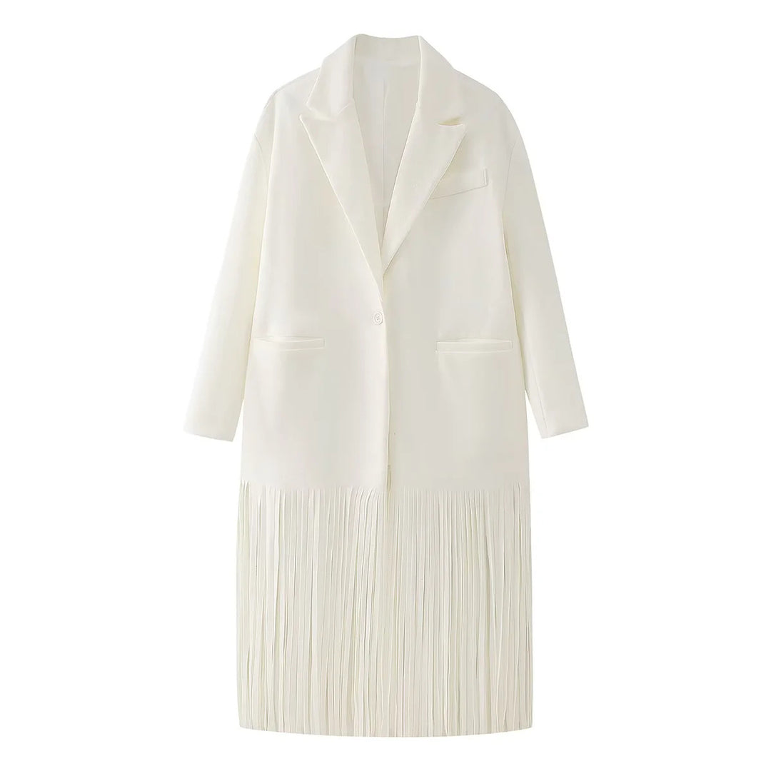 Damen nan langer Fransen‑Mantelblazer mit Plissee‑Saum, Reverskragen und Pattentaschen Drune