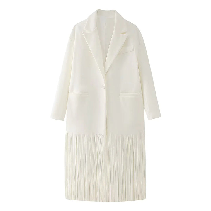 Damen nan langer Fransen‑Mantelblazer mit Plissee‑Saum, Reverskragen und Pattentaschen Drune