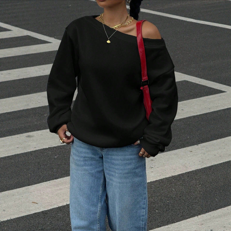 Damen Oversize Off-Shoulder Sweatshirt mit weitem Schnitt und schrägem Ausschnitt Drune