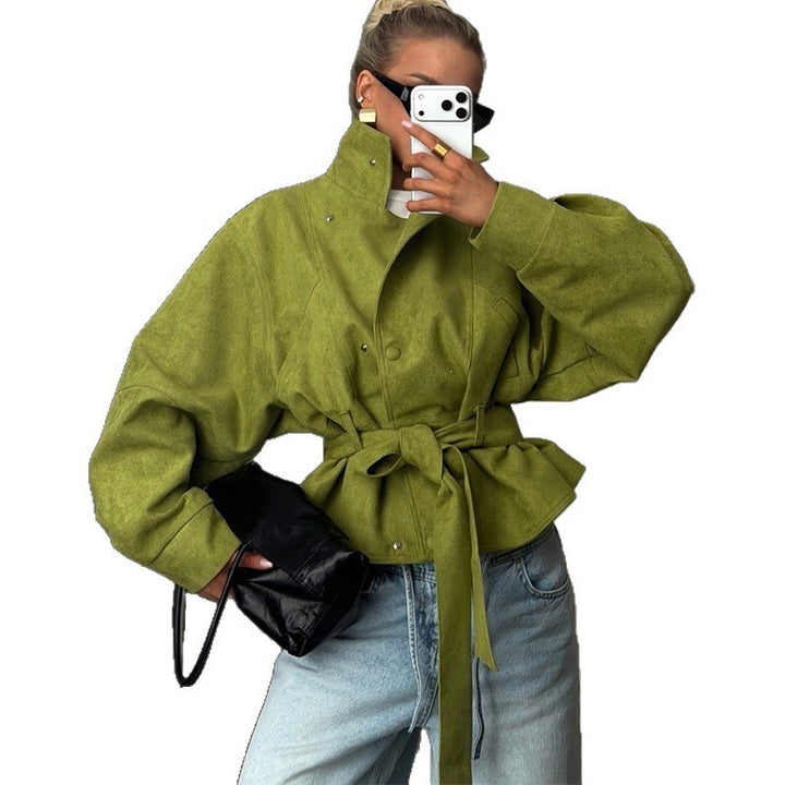Damen Taillierte Kurzjacke in Velourslederoptik mit weitem Ärmel und Bindegürtel Drune