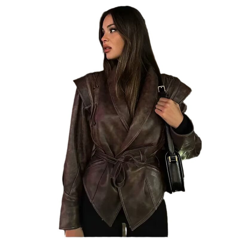Damen nan taillierter Kunstleder-Blazer mit Schalkragen, Schnürdetails an der Schulter und Bindegürtel Drune