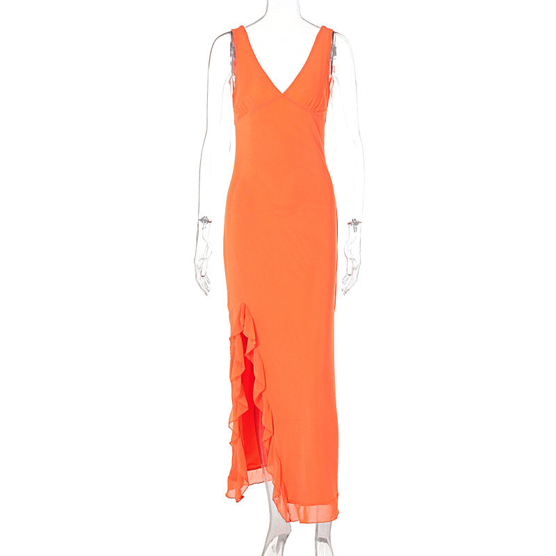 Damen Maxikleid mit tiefem Schlitz und eleganten Rüschendetails Drune