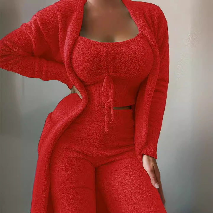 Damen nan luxuriöses Teddy-Fleece Lounge-Set mit Longcardigan, gerafftem Cropped-Bustier und Highwaist-Hose Drune