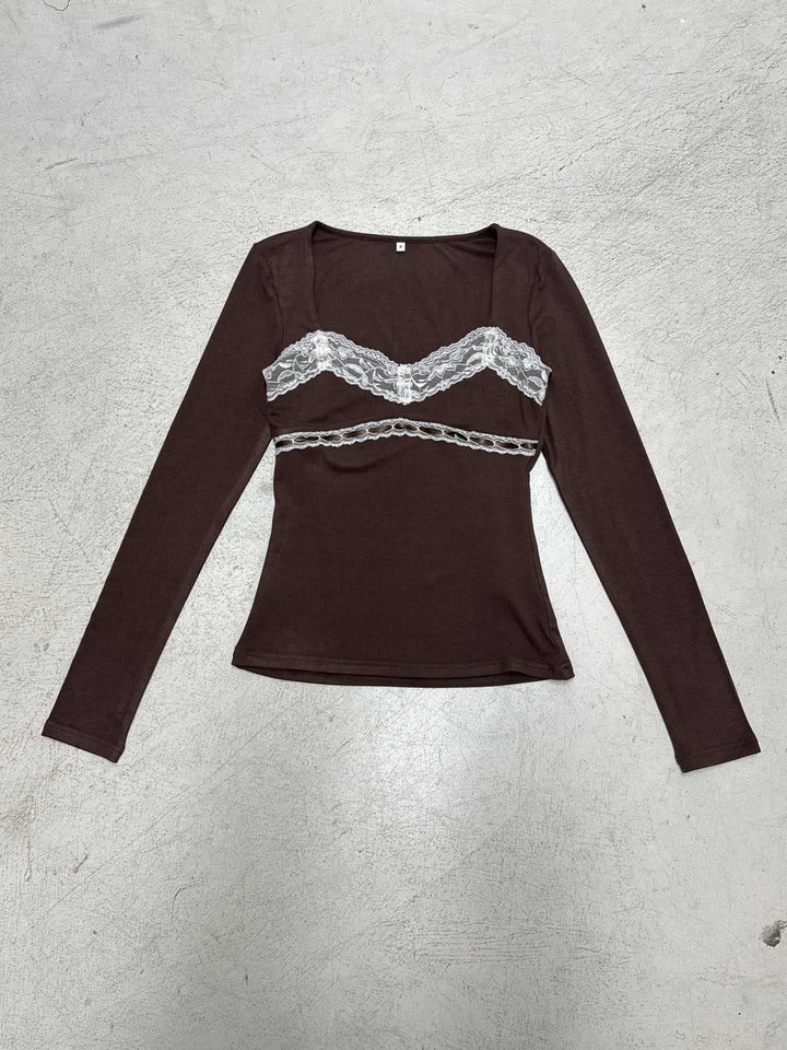 Damen Figurbetontes Langarmshirt mit integriertem Spitzen‑Bustierdetail Drune