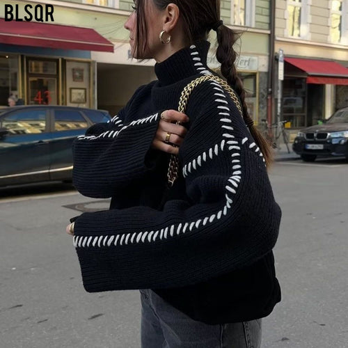 Damen Oversized Cropped Strickpullover mit Kontraststich und Raglanärmeln Drune