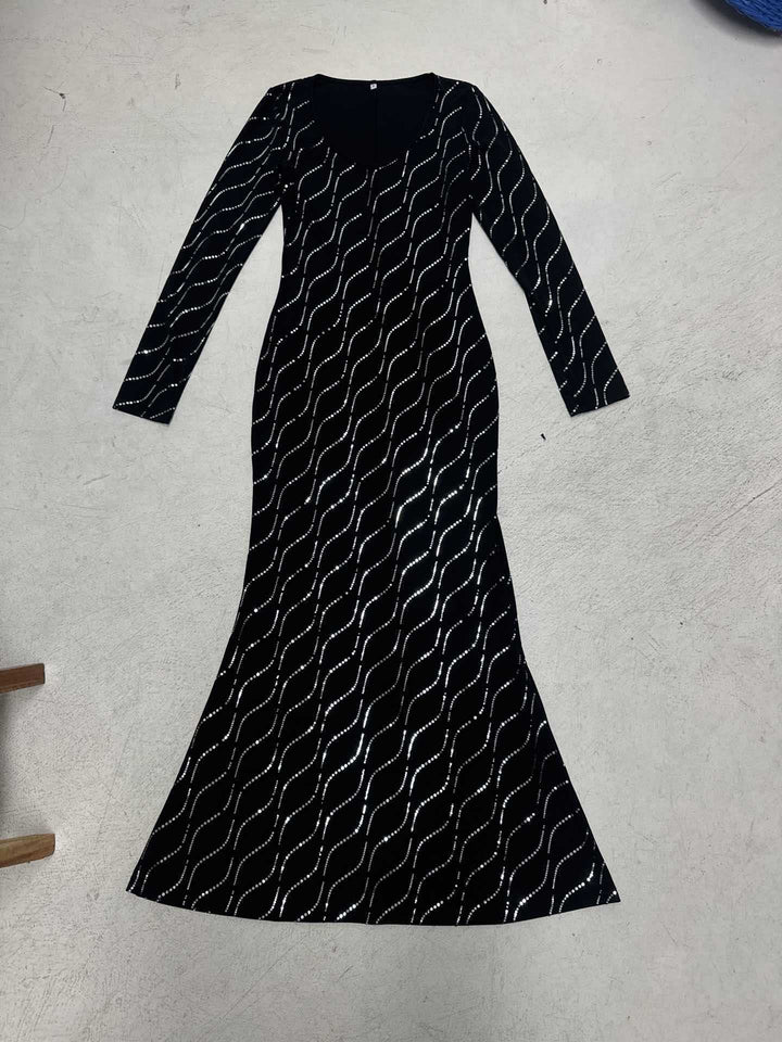 Damen Figurbetontes Maxikleid mit langen Ärmeln und wellenförmiger Paillettenverzierung Drune