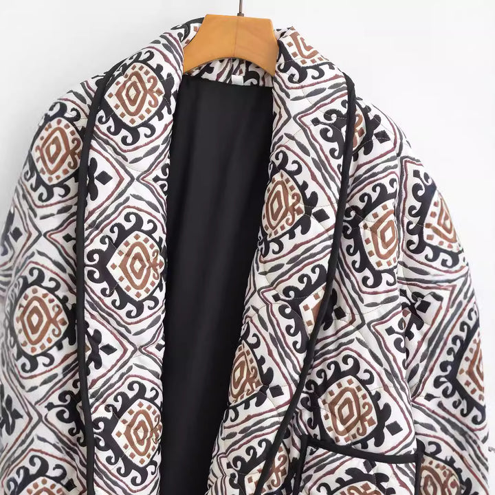 Damen Gesteppte Kimono-Jacke mit Ethno-Print, Kontrastpaspel und aufgesetzten Taschen Drune