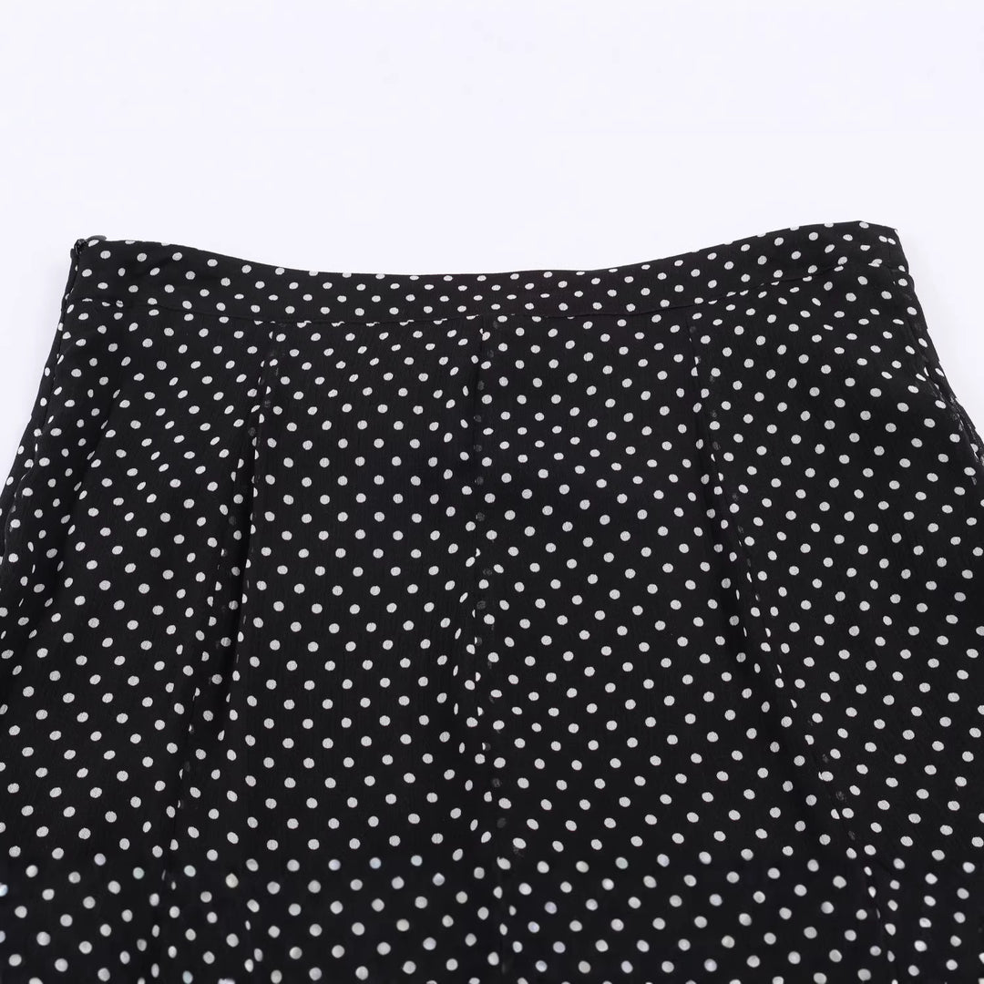 Damen nan ausgestellter Midirock mit hoher Taille, Volant-Fall und feinem Punkte-Muster aus Chiffon Drune