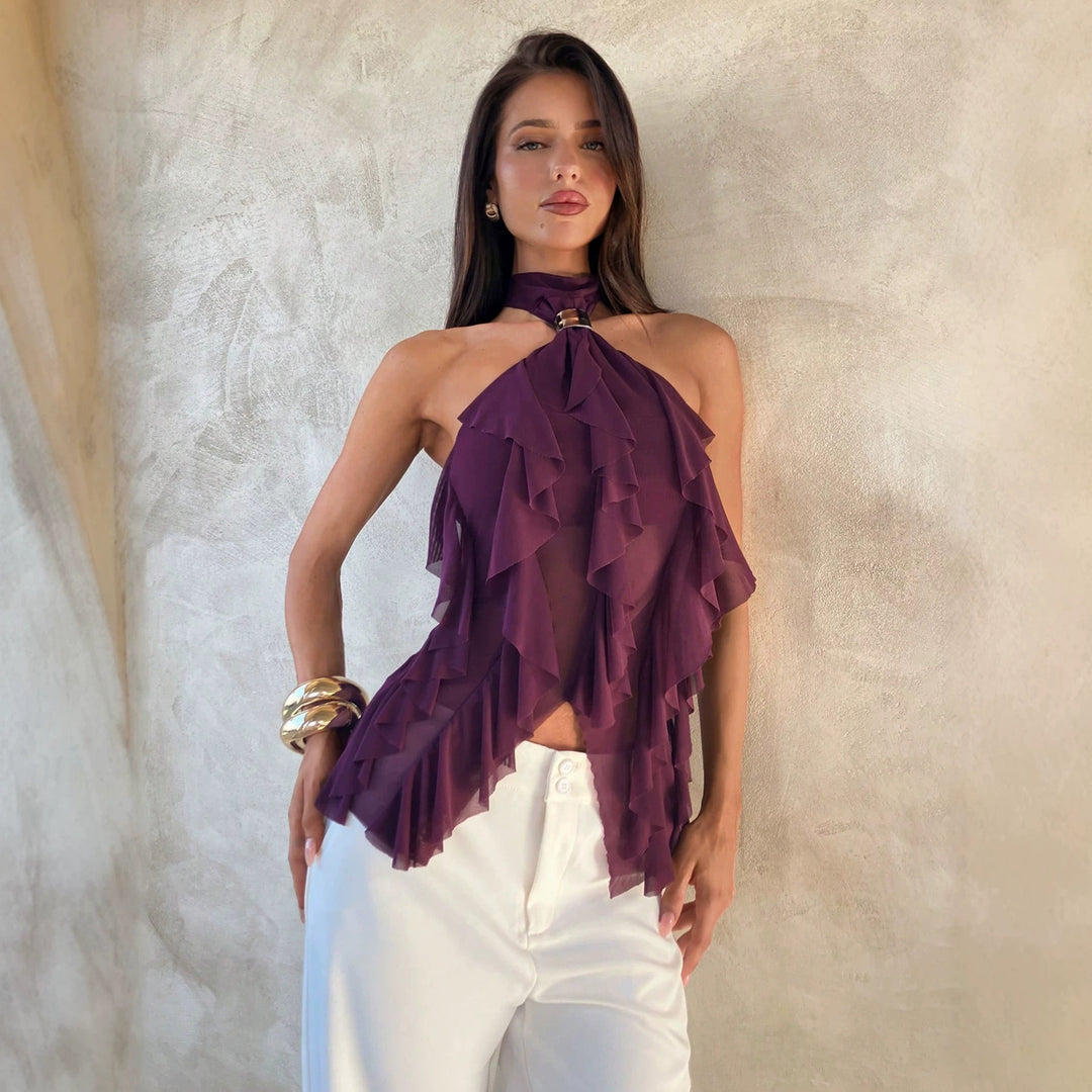 Damen nan Chiffon-Haltertop mit dekorativem Metallring und mehrlagigen Volants Drune