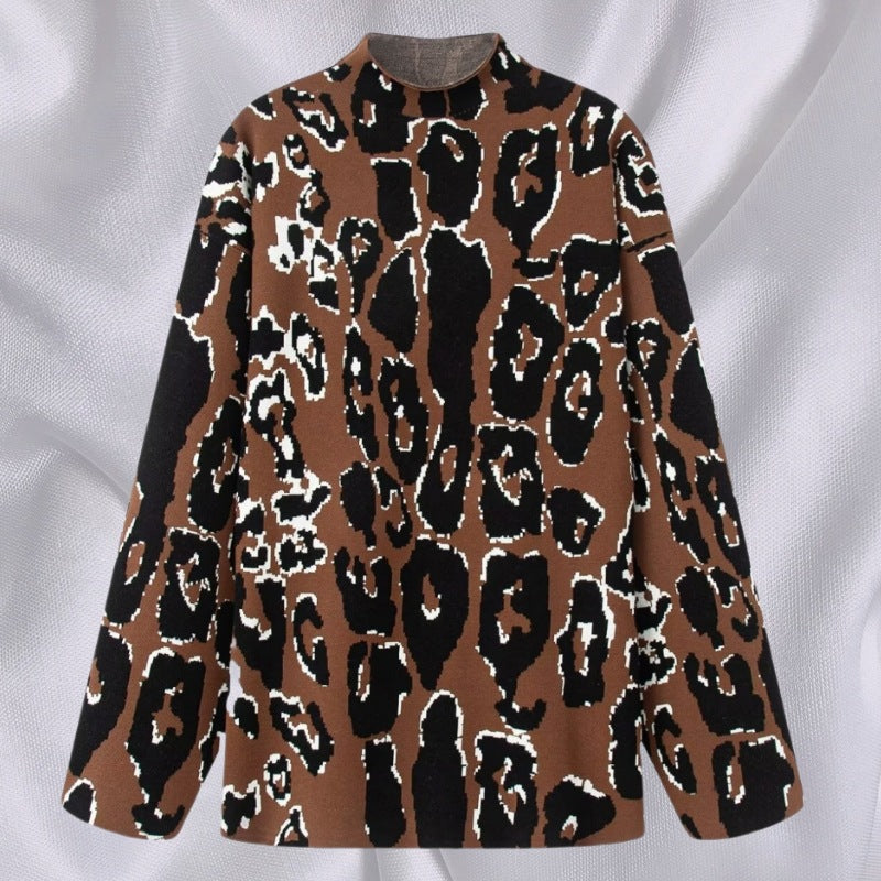 Damen Oversized Pullover mit animalischem Muster und hohem Kragen Drune