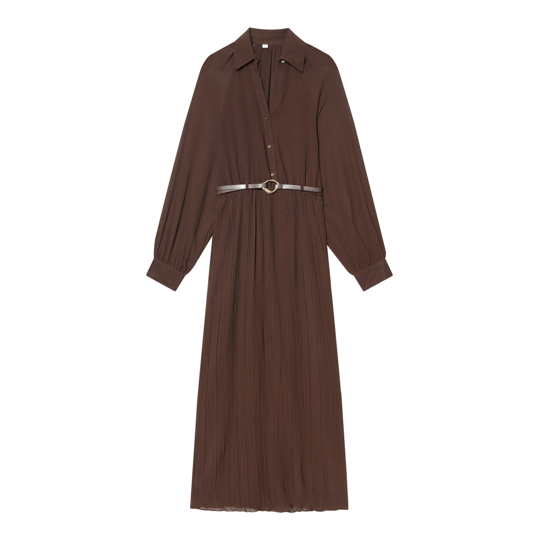 Damen Plissiertes Hemdkleid mit Ballonärmeln, verdeckter Knopfleiste und Taillengürtel Drune
