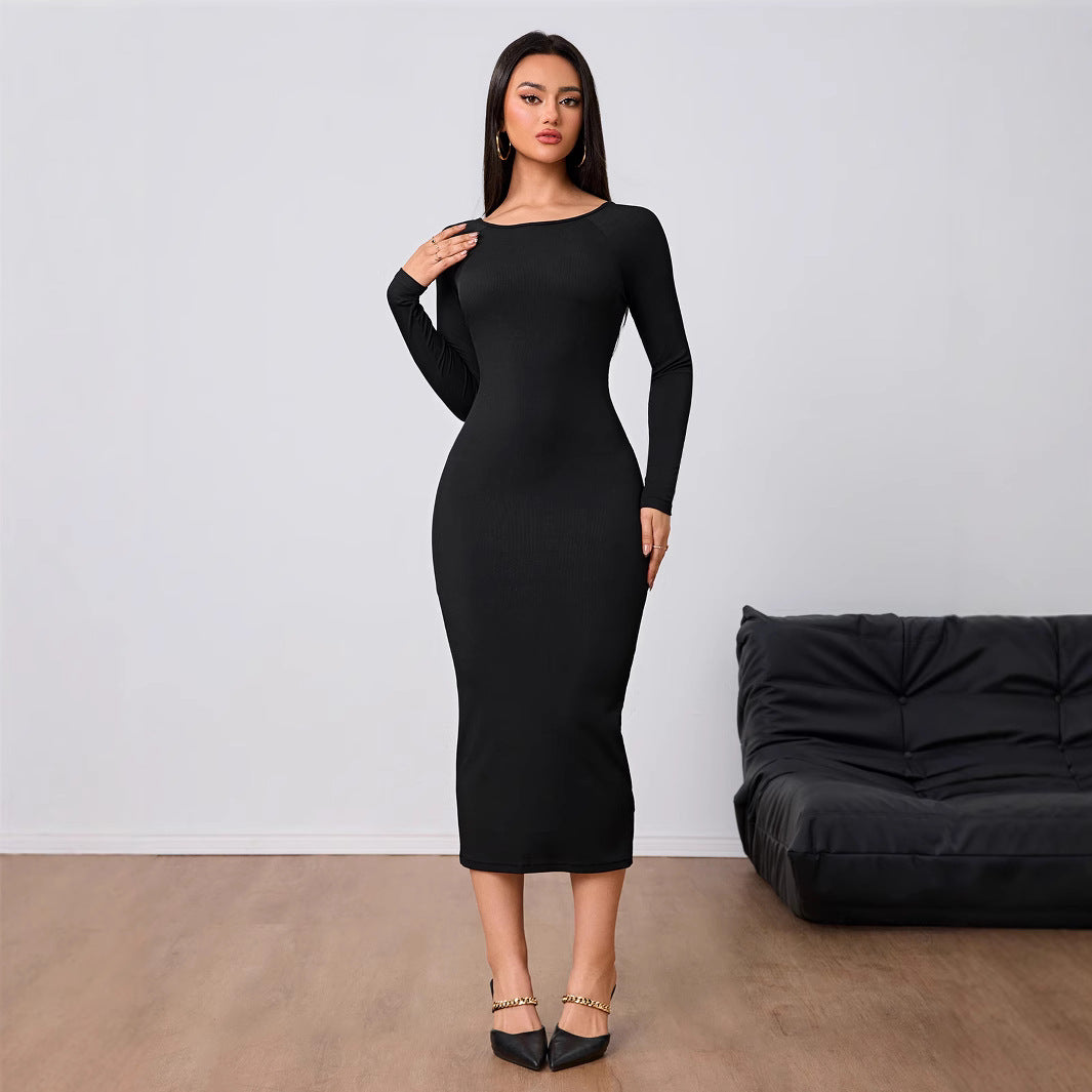 Damen figurbetontes Stretch-Midikleid mit U‑Boot‑Ausschnitt und figurformendem Rippstrick Drune