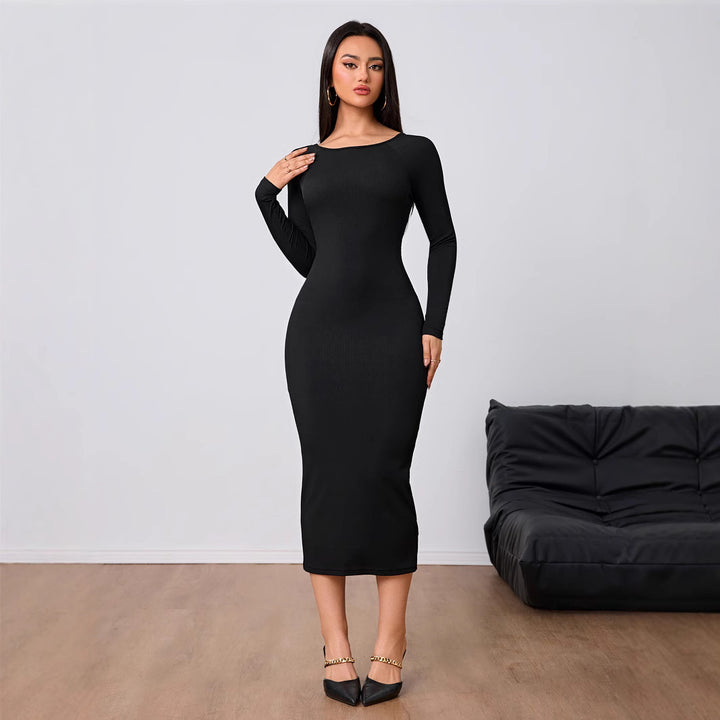 Damen figurbetontes Stretch-Midikleid mit U‑Boot‑Ausschnitt und figurformendem Rippstrick Drune